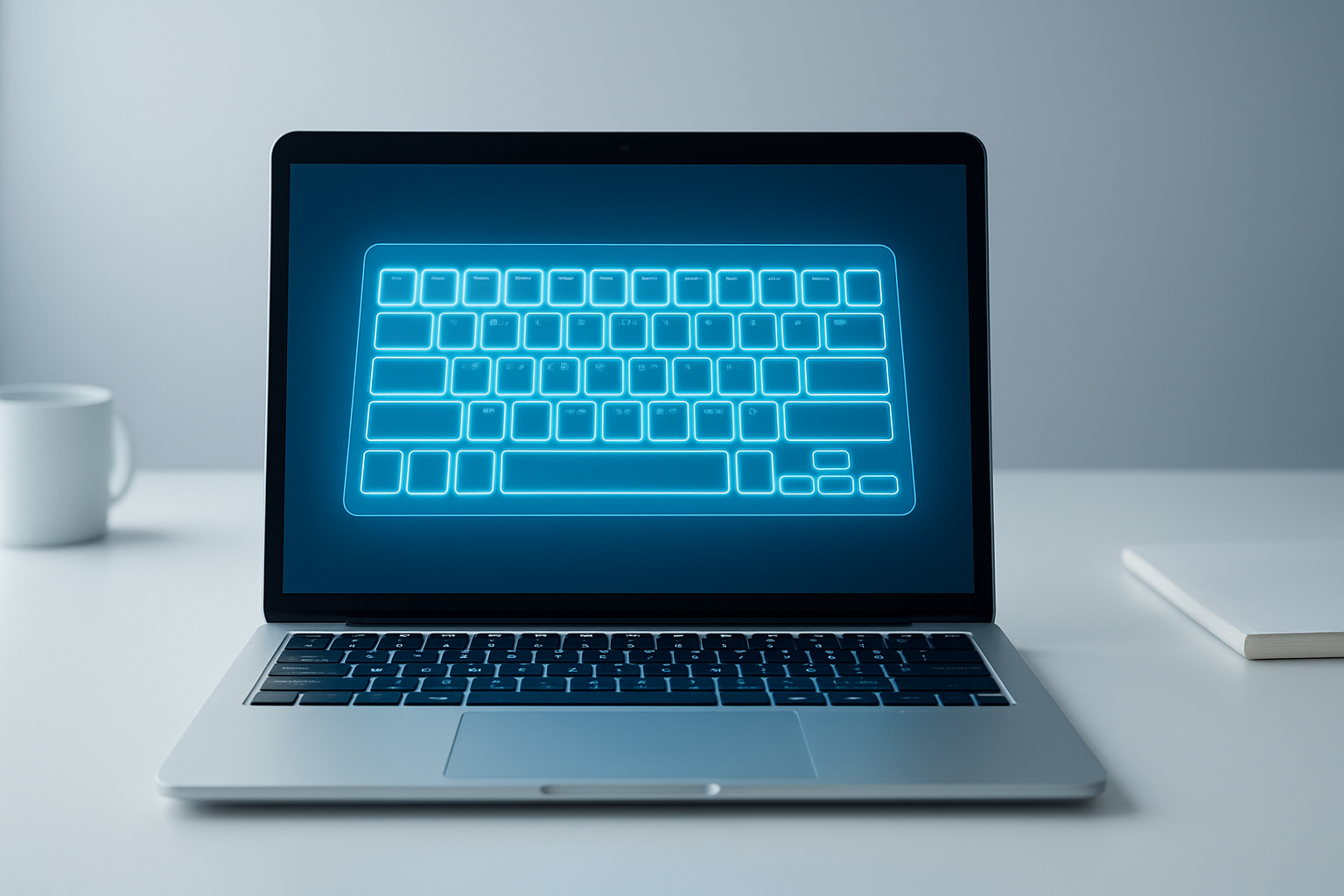 Modern laptop on a clean desk displaying a glowing virtual keyboard for online keyboard testing and diagnostics.